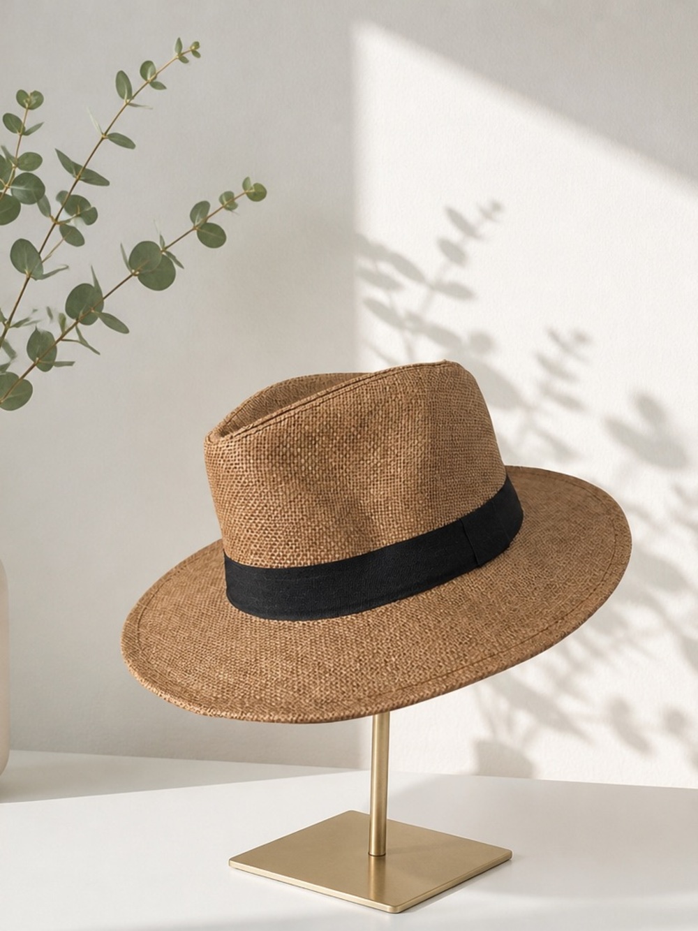 Men's Brown Straw Fedora with Black Band by